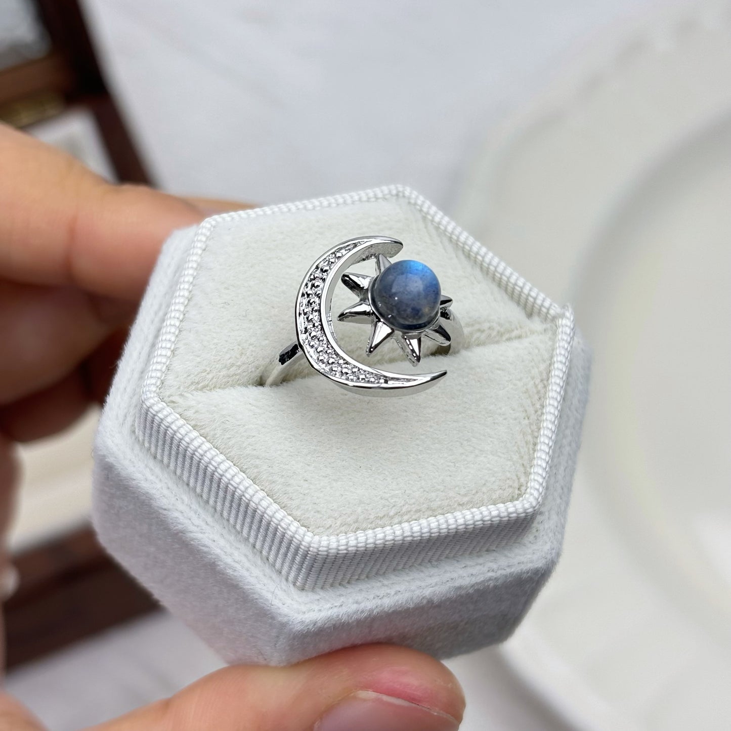 Celestial Moon & Star Ring - Grey Moonstone