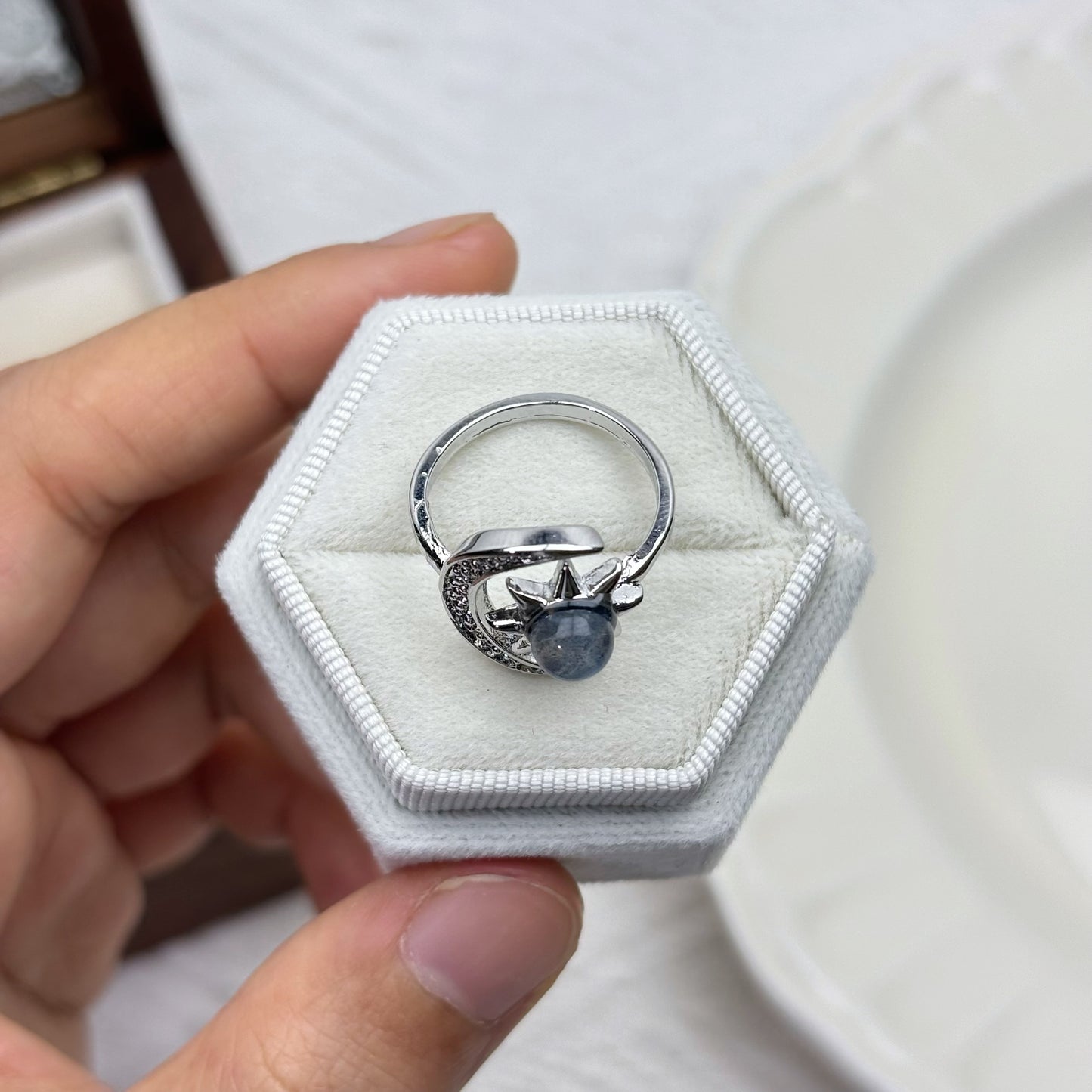 Celestial Moon & Star Ring - Grey Moonstone